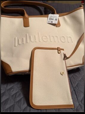 Lululemon Natural Canvas Tote With Chestnut Brown accents and detachable pouch